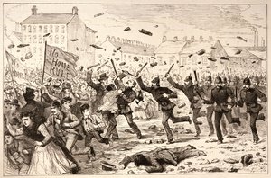 Los disturbios en Belfast: La policía cargando contra la multitud en los campos de ladrillos, de 